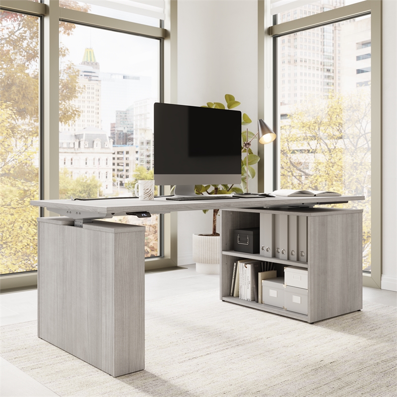 Stratus 72W x 30D Standing Desk with Bookcase in Platinum Gray - Engineered Wood
