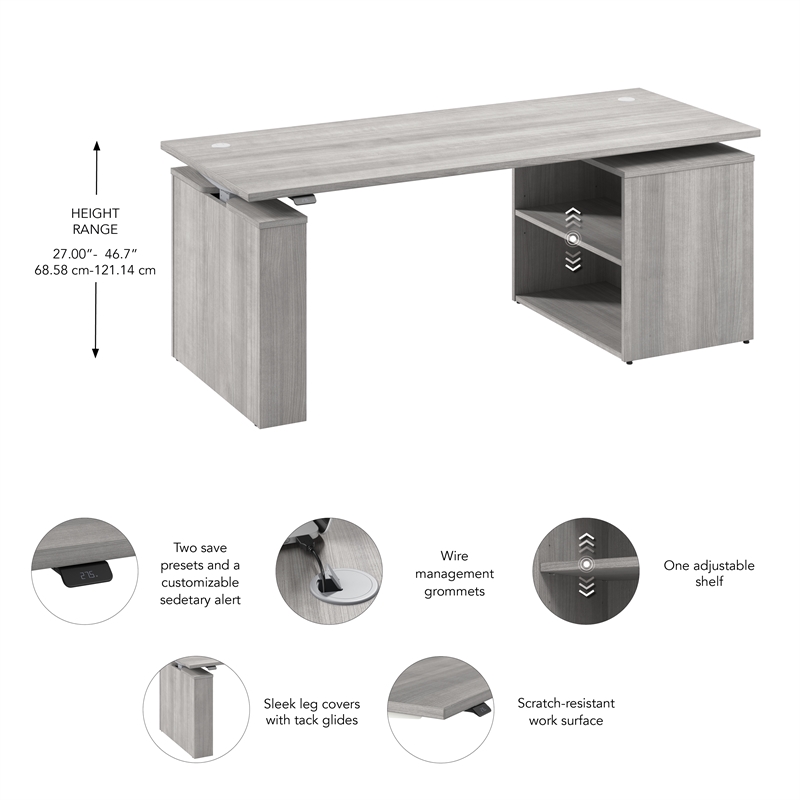 Stratus 72W x 30D Standing Desk with Bookcase in Platinum Gray - Engineered Wood