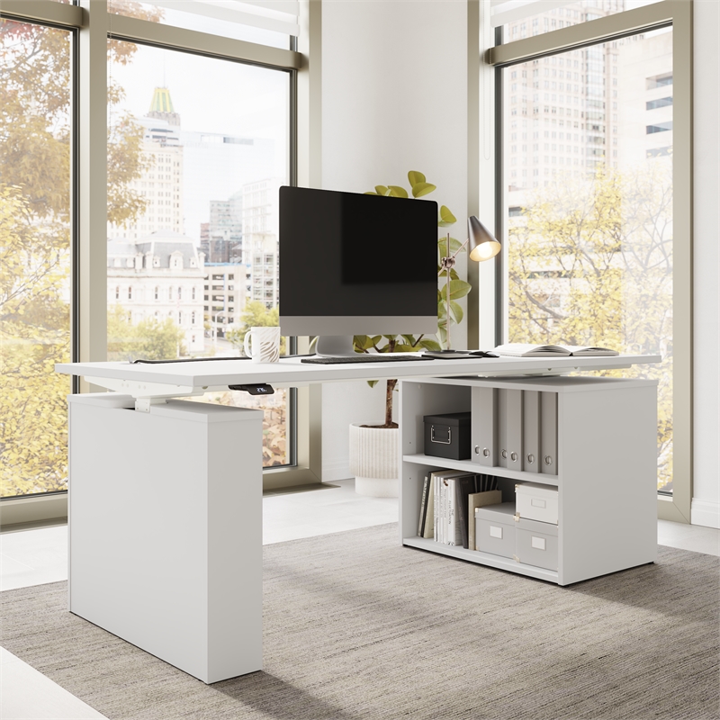 Stratus 72W x 30D Standing Desk with Bookcase in White - Engineered Wood