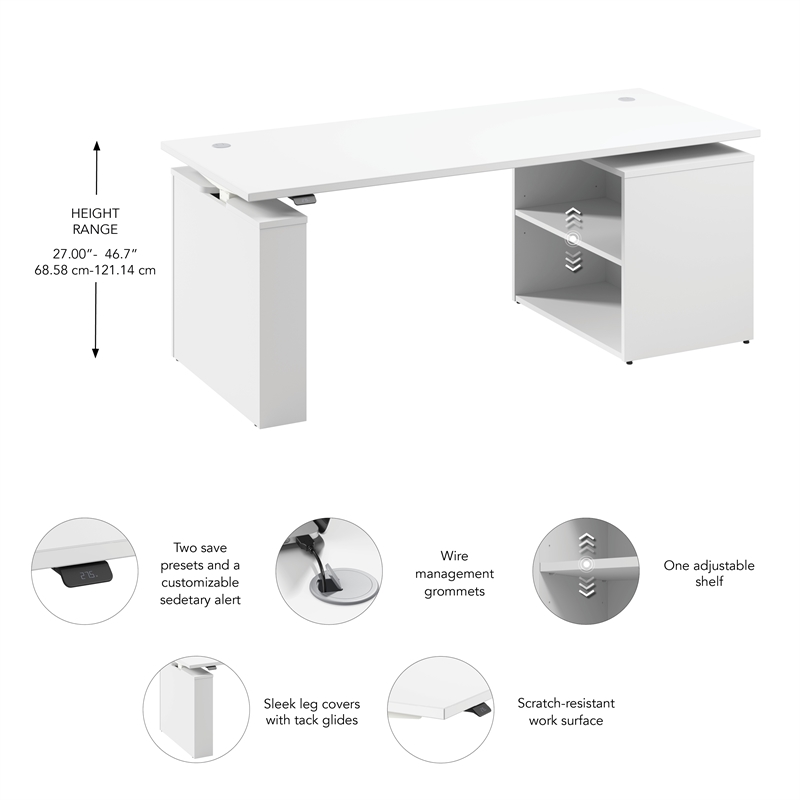 Stratus 72W x 30D Standing Desk with Bookcase in White - Engineered Wood