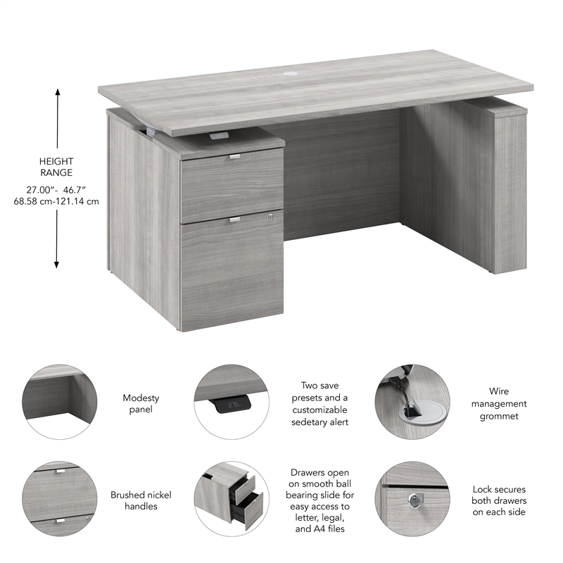 Stratus 60W Standing Desk with File Cabinet in Platinum Gray - Engineered Wood