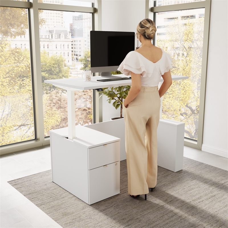 Stratus 60W Standing Desk with File Cabinet in White - Engineered Wood