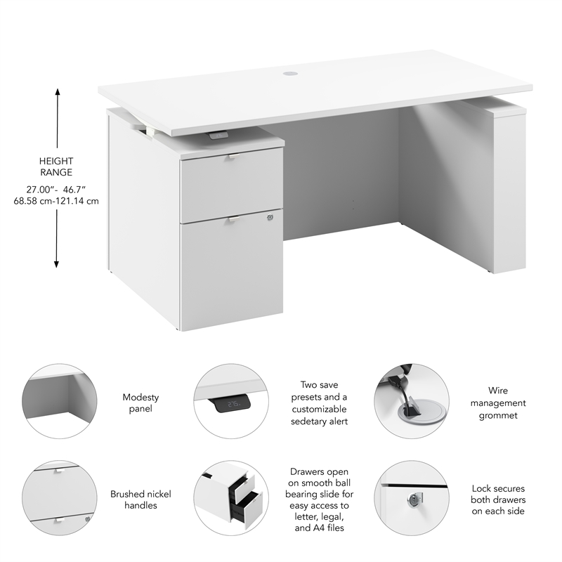 Stratus 60W Standing Desk with File Cabinet in White - Engineered Wood