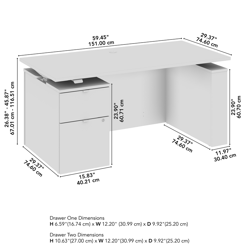 Stratus 60W Standing Desk with File Cabinet in White - Engineered Wood
