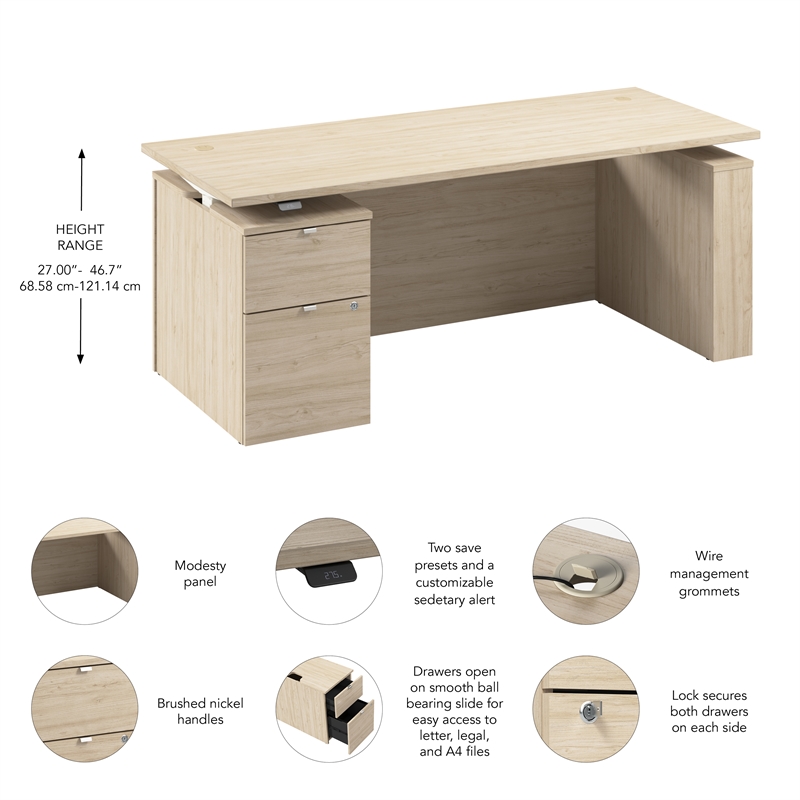 Stratus 72W Standing Desk with File Cabinet in Natural Elm - Engineered Wood