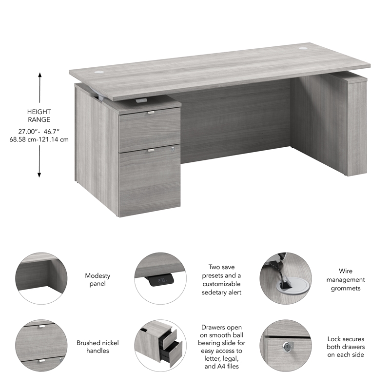 Stratus 72W Standing Desk with File Cabinet in Platinum Gray - Engineered Wood