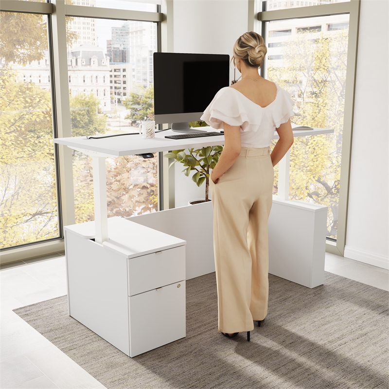 Stratus 72W Standing Desk with File Cabinet in White - Engineered Wood