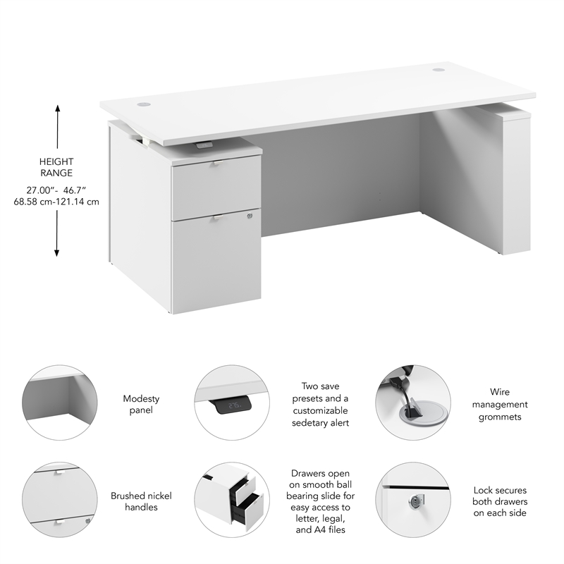 Stratus 72W Standing Desk with File Cabinet in White - Engineered Wood