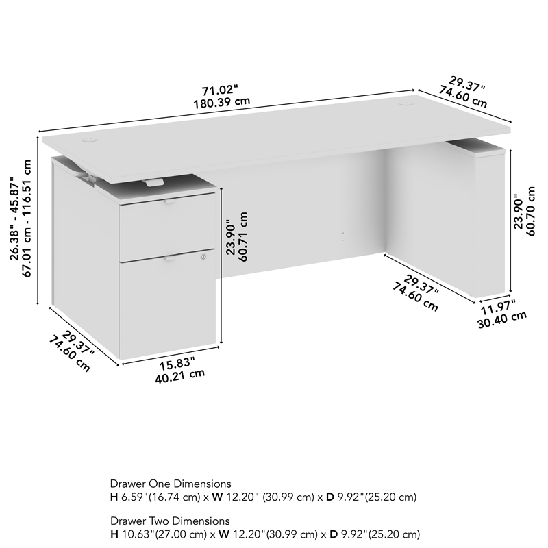 Stratus 72W Standing Desk with File Cabinet in White - Engineered Wood