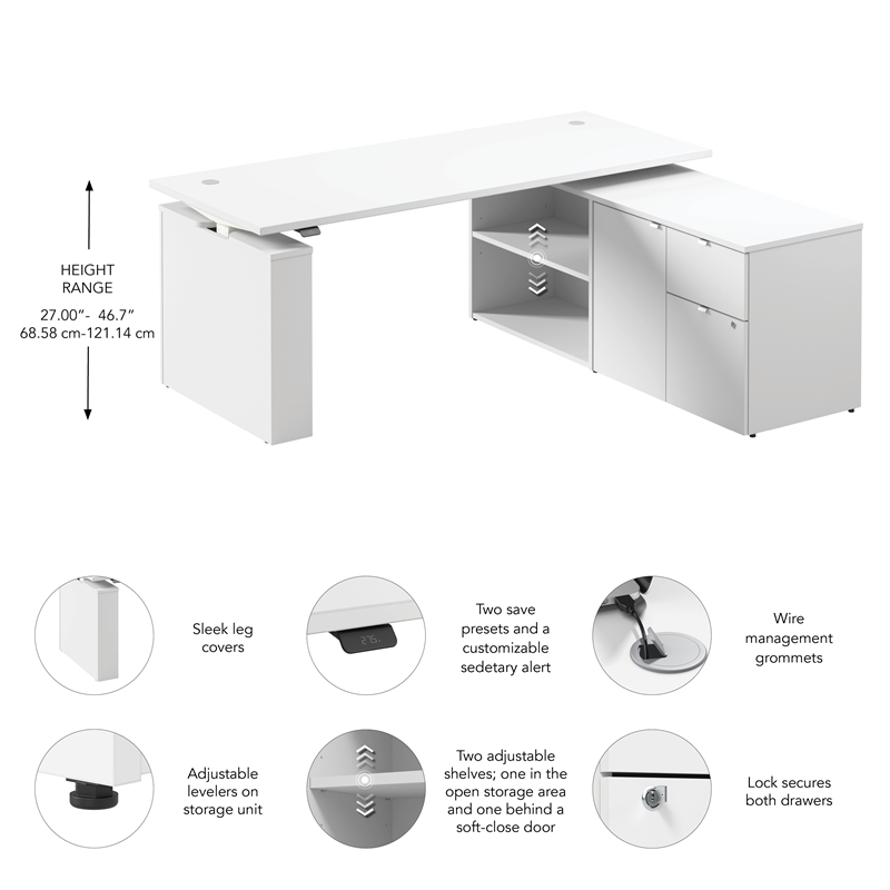 Stratus 72W x 30D Standing Desk with Storage in White - Engineered Wood