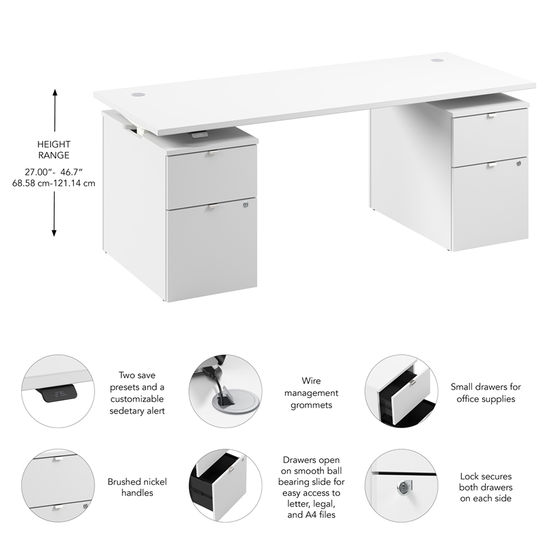 Stratus 72W Standing Desk with Drawers in White - Engineered Wood