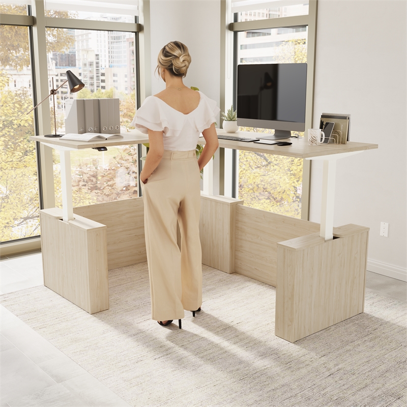 Stratus 60W x 78D L Shaped Standing Desk in Natural Elm - Engineered Wood