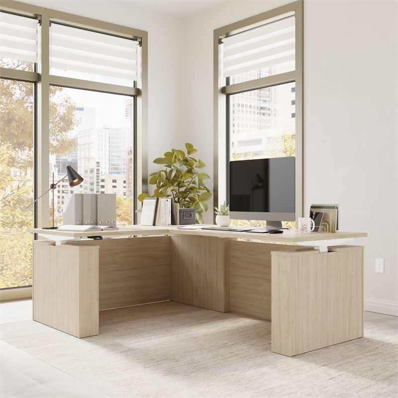 Stratus 60W x 78D L Shaped Standing Desk in Natural Elm - Engineered Wood