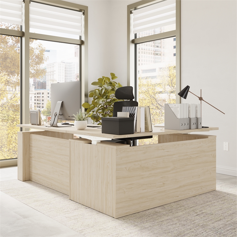 Stratus 60W x 78D L Shaped Standing Desk in Natural Elm - Engineered Wood