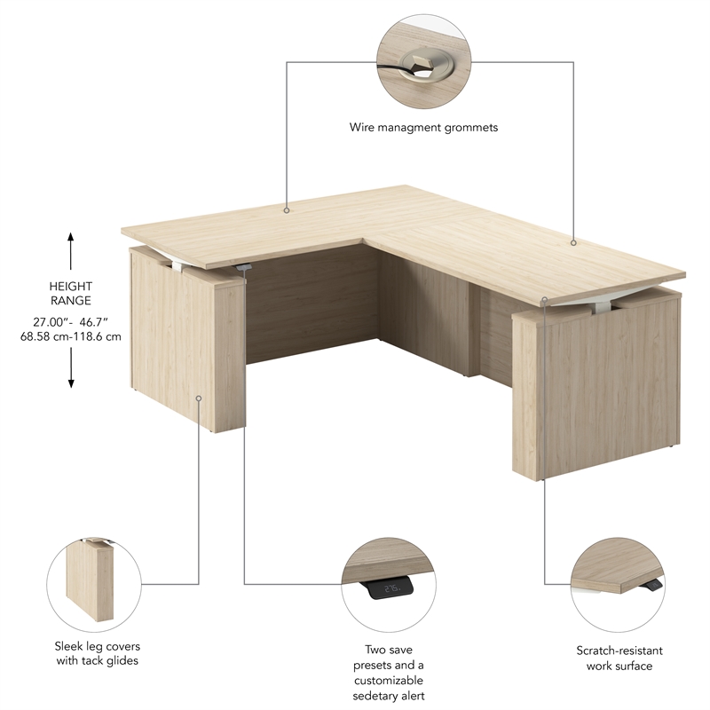 Stratus 60W x 78D L Shaped Standing Desk in Natural Elm - Engineered Wood