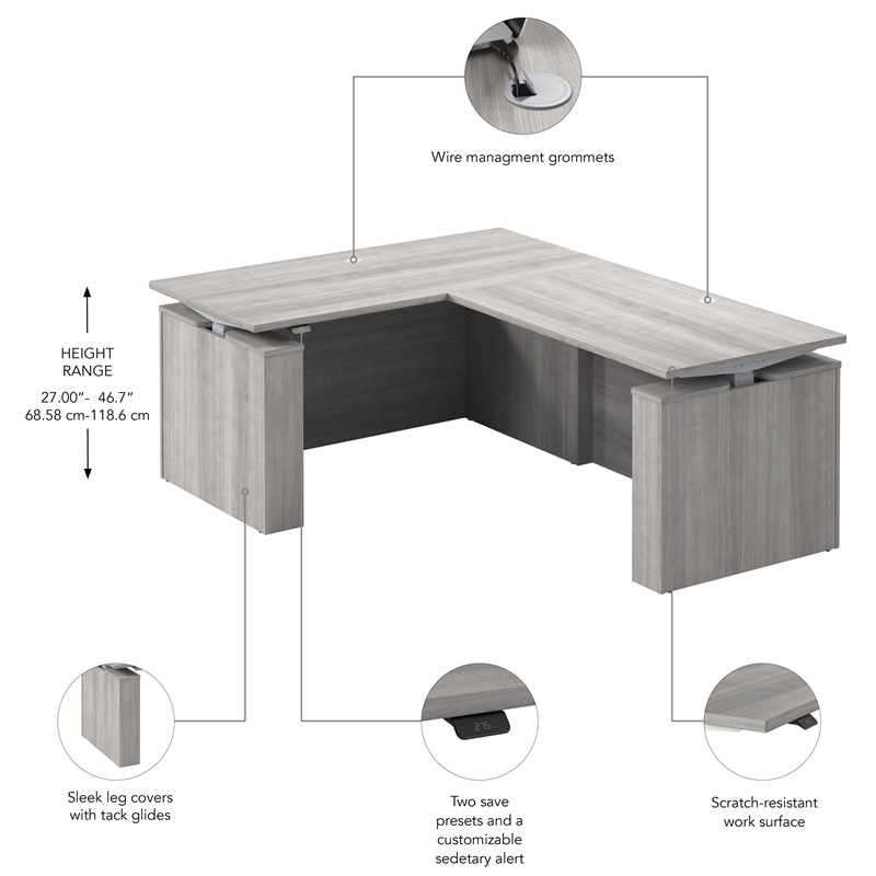 Stratus 60W x 78D L Shaped Standing Desk in Platinum Gray - Engineered Wood
