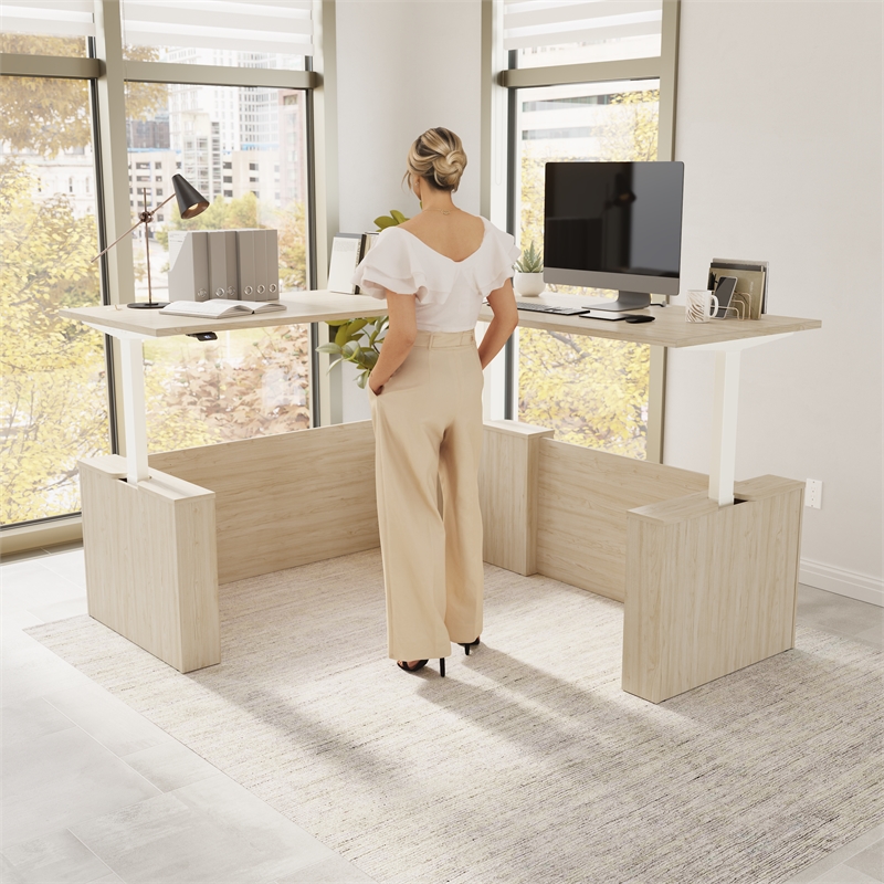 Stratus 72W x 78D L Shaped Standing Desk in Natural Elm - Engineered Wood