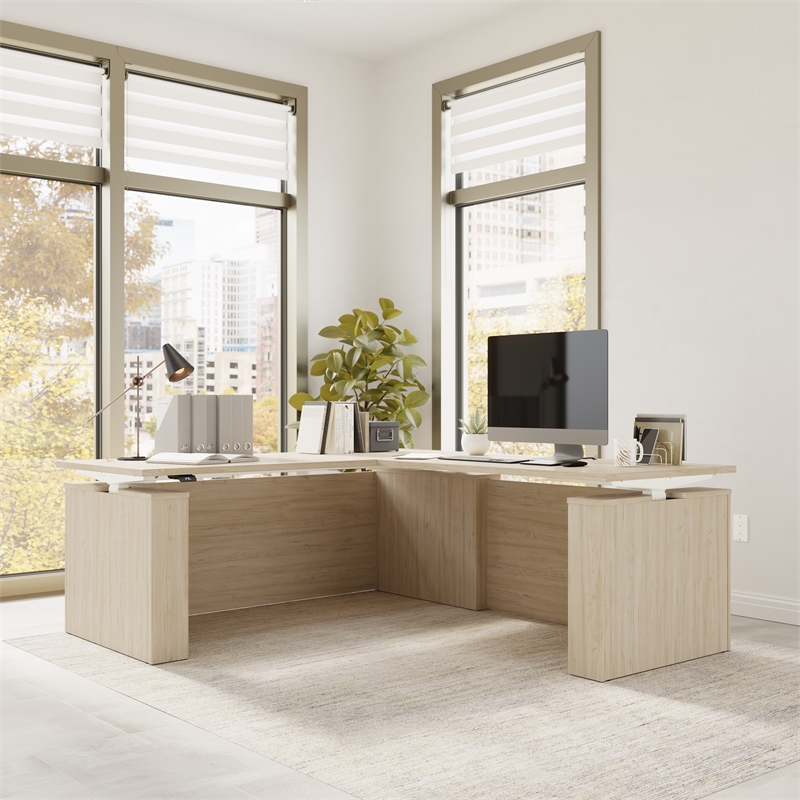 Stratus 72W x 78D L Shaped Standing Desk in Natural Elm - Engineered Wood