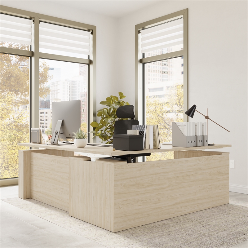 Stratus 72W x 78D L Shaped Standing Desk in Natural Elm - Engineered Wood