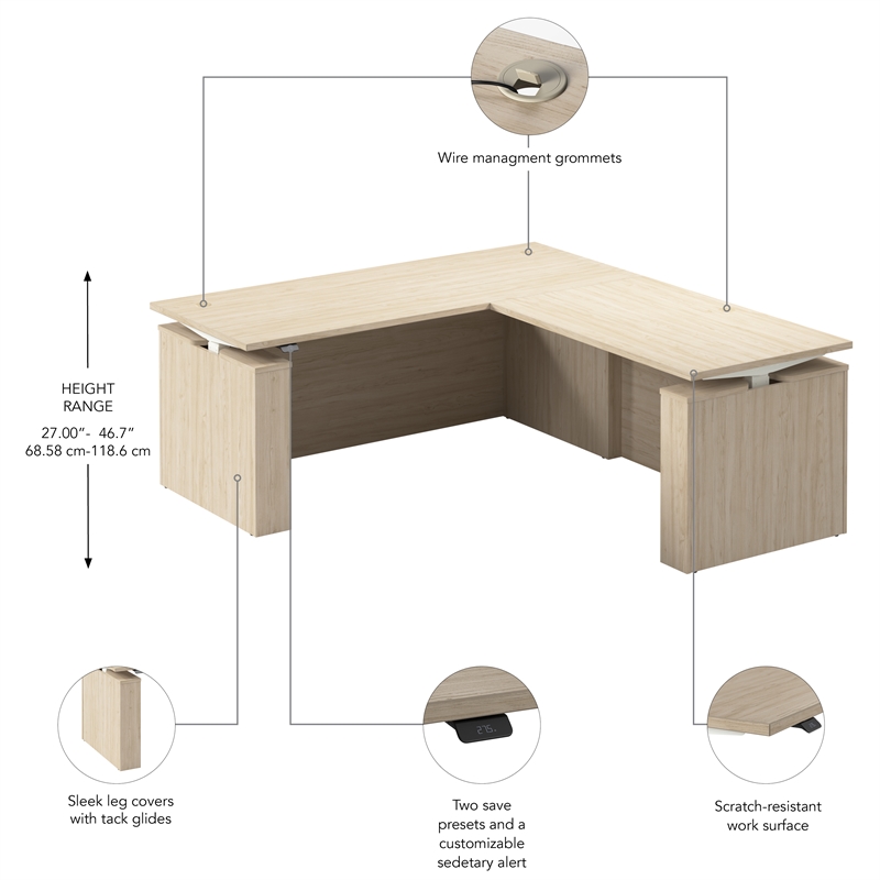 Stratus 72W x 78D L Shaped Standing Desk in Natural Elm - Engineered Wood