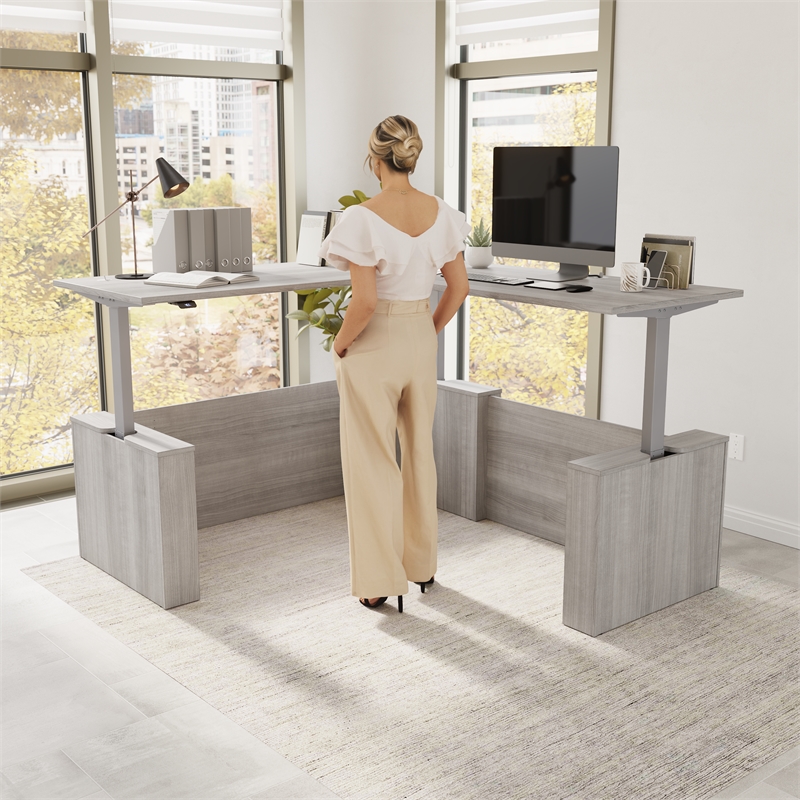 Stratus 72W x 78D L Shaped Standing Desk in Platinum Gray - Engineered Wood