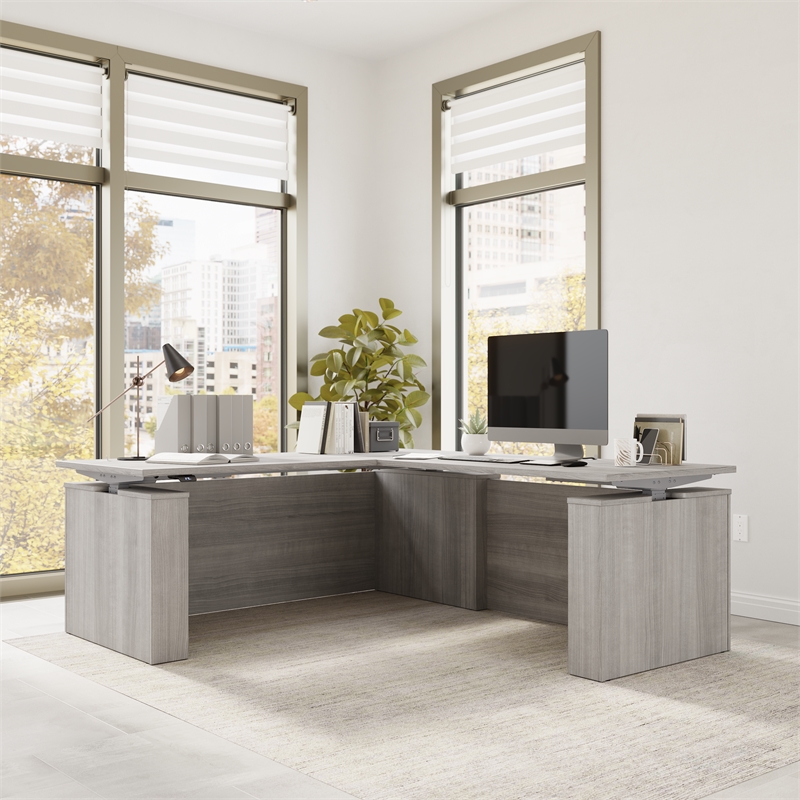 Stratus 72W x 78D L Shaped Standing Desk in Platinum Gray - Engineered Wood