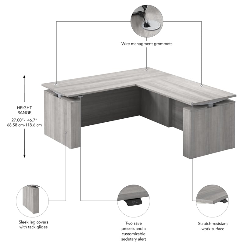Stratus 72W x 78D L Shaped Standing Desk in Platinum Gray - Engineered Wood