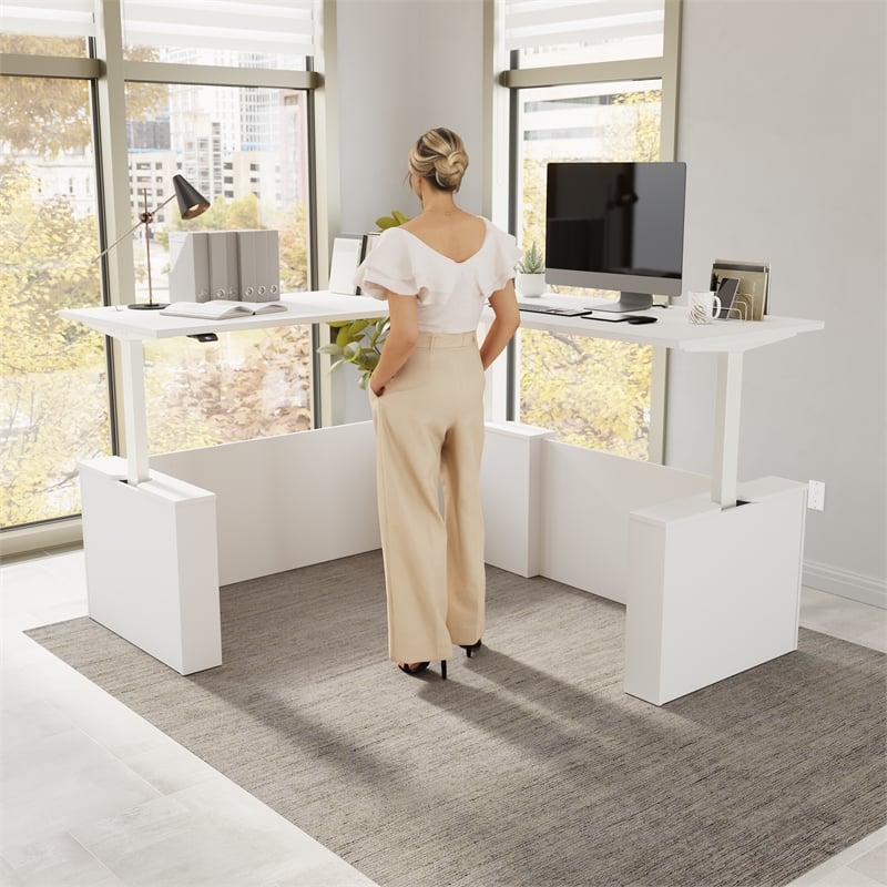 Stratus 72W x 78D L Shaped Standing Desk in White - Engineered Wood
