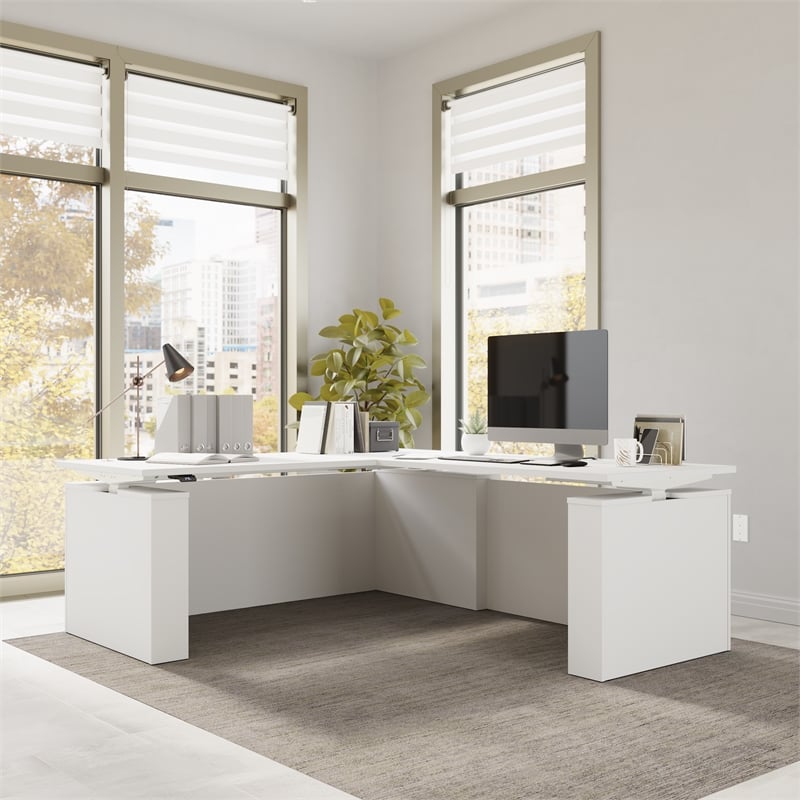 Stratus 72W x 78D L Shaped Standing Desk in White - Engineered Wood