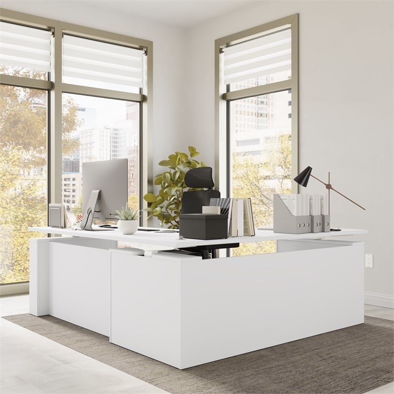 Stratus 72W x 78D L Shaped Standing Desk in White - Engineered Wood