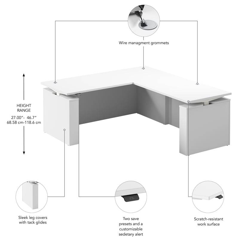 Stratus 72W x 78D L Shaped Standing Desk in White - Engineered Wood