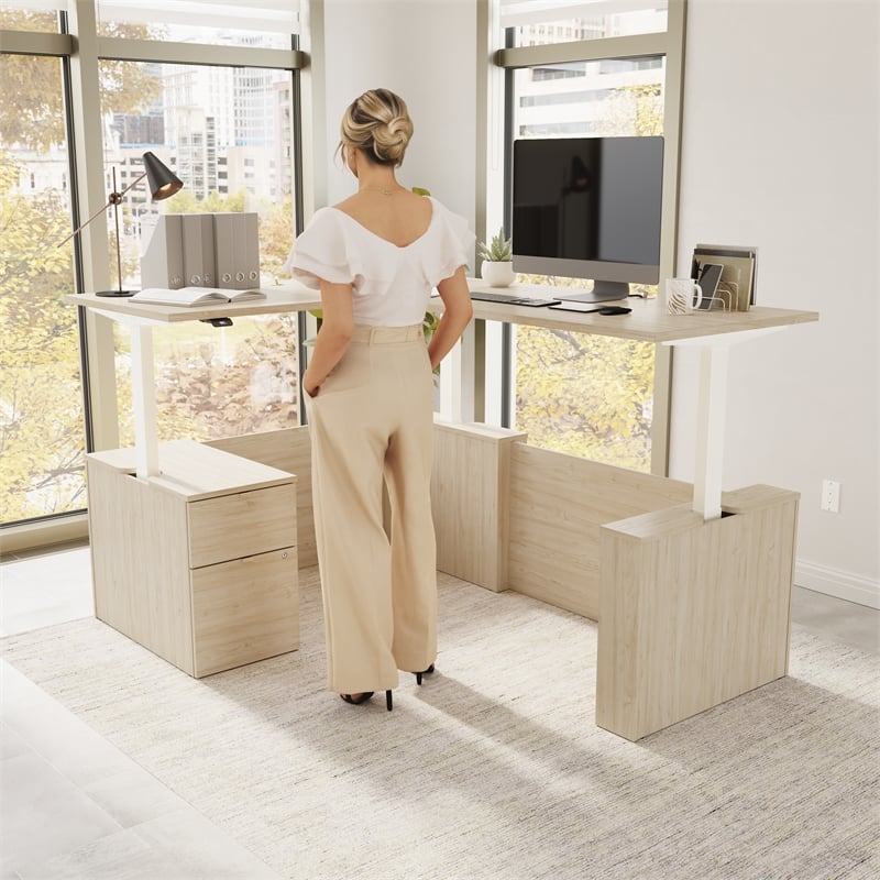 Stratus 60W Standing L Desk with File Cabinet in Natural Elm - Engineered Wood