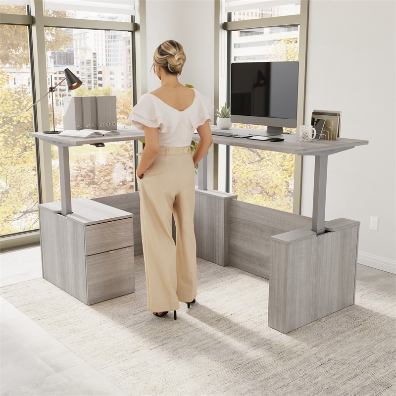Stratus 60W Standing L Desk with File Cabinet in Platinum Gray - Engineered Wood