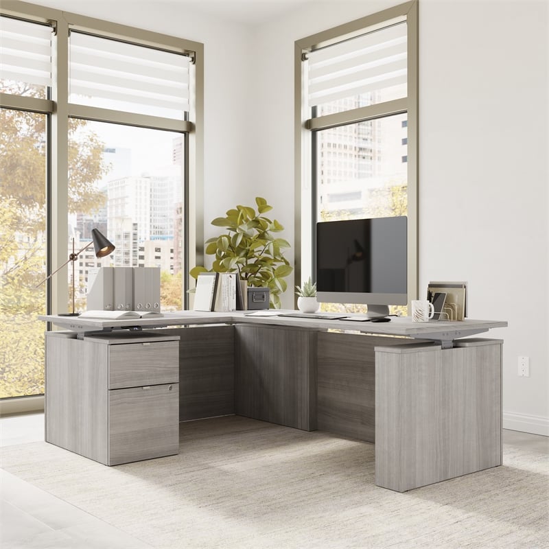 Stratus 60W Standing L Desk with File Cabinet in Platinum Gray - Engineered Wood