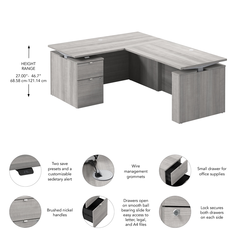 Stratus 60W Standing L Desk with File Cabinet in Platinum Gray - Engineered Wood