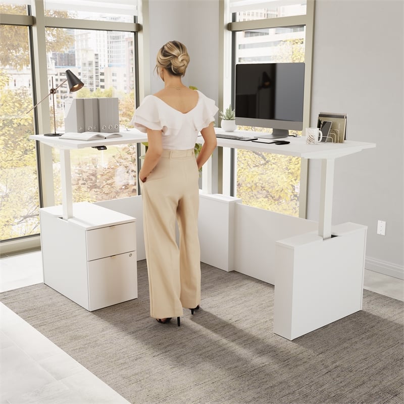 Stratus 60W Standing L Desk with File Cabinet in White - Engineered Wood