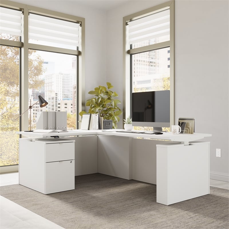 Stratus 60W Standing L Desk with File Cabinet in White - Engineered Wood