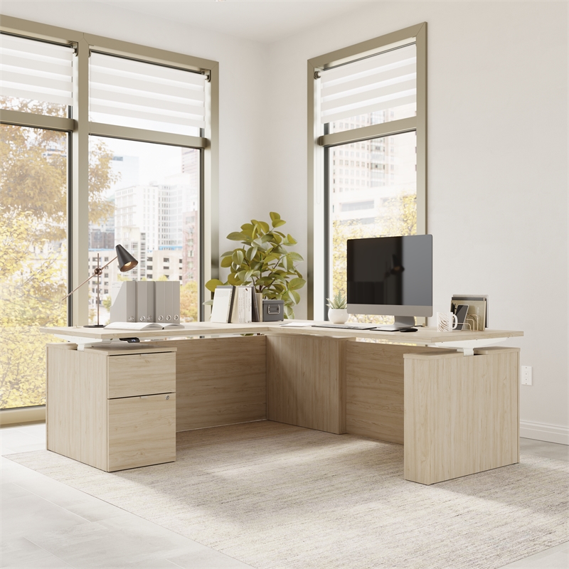 Stratus 72W Standing L Desk with File Cabinet in Natural Elm - Engineered Wood