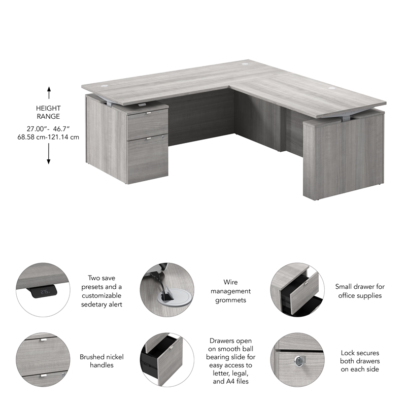 Stratus 72W Standing L Desk with File Cabinet in Platinum Gray - Engineered Wood