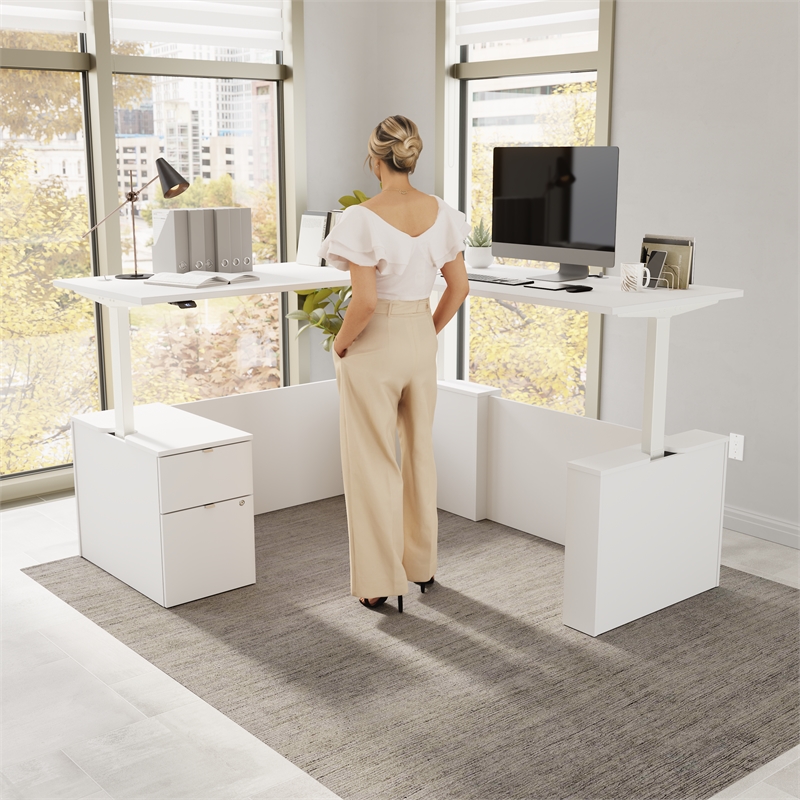 Stratus 72W Standing L Desk with File Cabinet in White - Engineered Wood