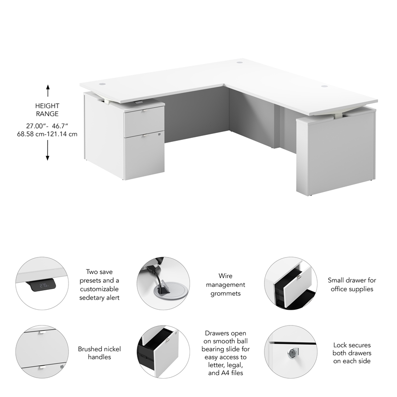 Stratus 72W Standing L Desk with File Cabinet in White - Engineered Wood