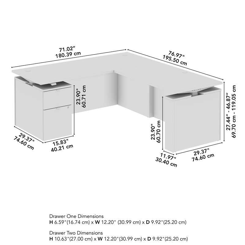 Stratus 72W Standing L Desk with File Cabinet in White - Engineered Wood