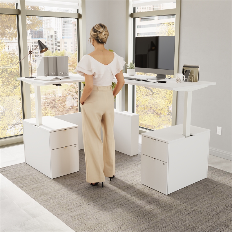 Stratus 60W Standing L Desk with Drawers in White - Engineered Wood