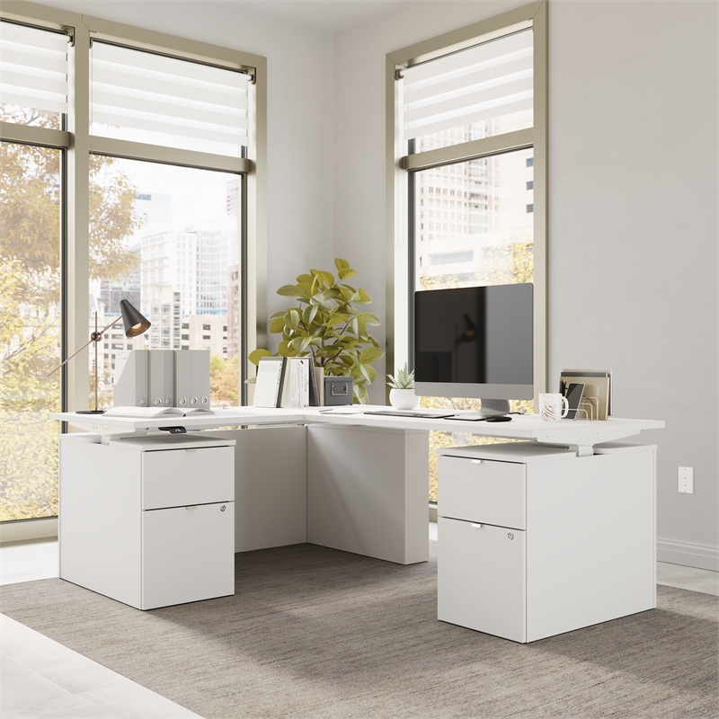 Stratus 60W Standing L Desk with Drawers in White - Engineered Wood