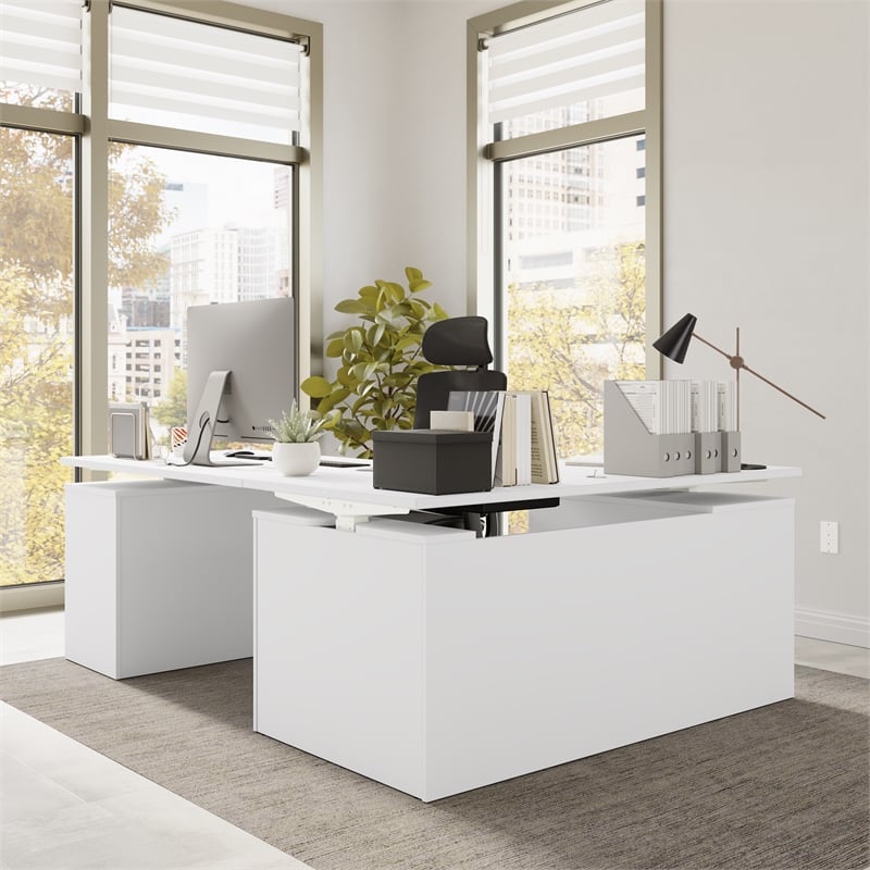 Stratus 60W Standing L Desk with Drawers in White - Engineered Wood