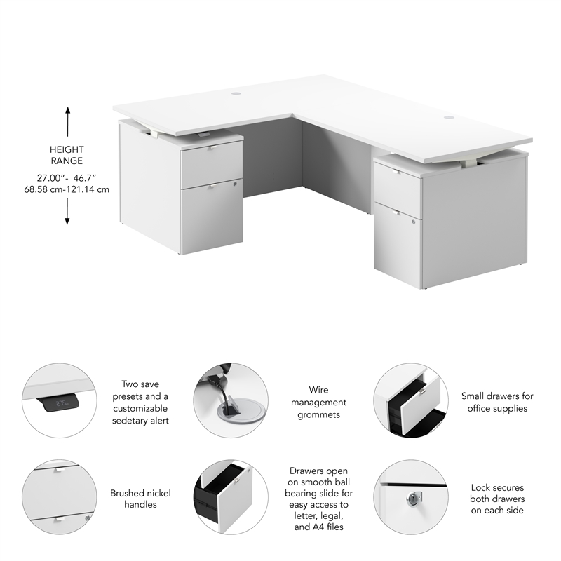 Stratus 60W Standing L Desk with Drawers in White - Engineered Wood