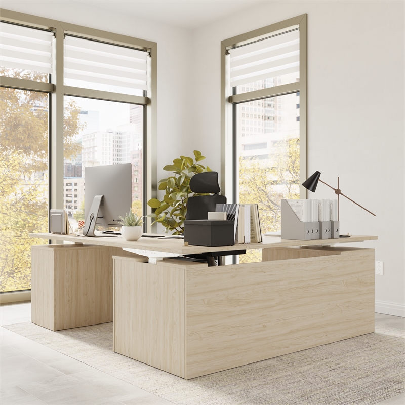 Stratus 72W Standing L Desk with Drawers in Natural Elm - Engineered Wood