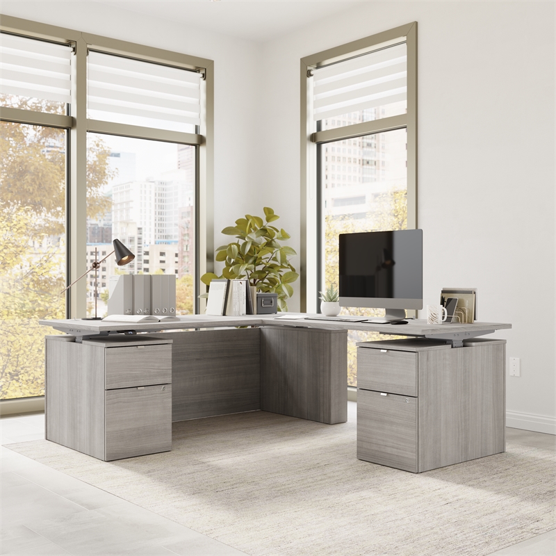 Stratus 72W Standing L Desk with Drawers in Platinum Gray - Engineered Wood