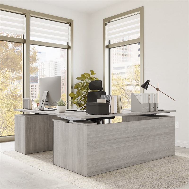 Stratus 72W Standing L Desk with Drawers in Platinum Gray - Engineered Wood