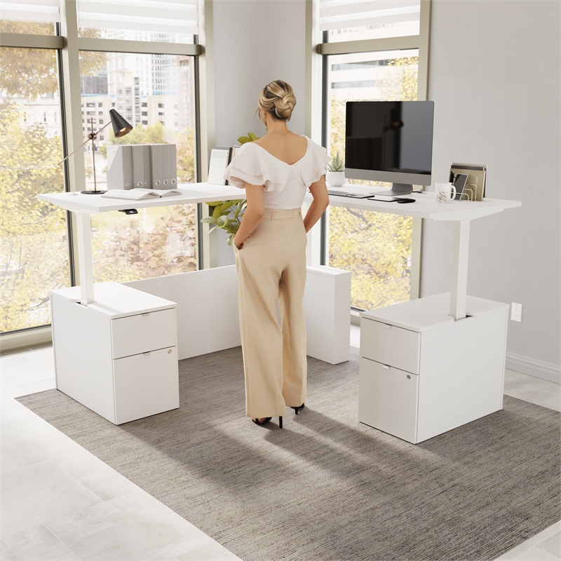 Stratus 72W Standing L Desk with Drawers in White - Engineered Wood